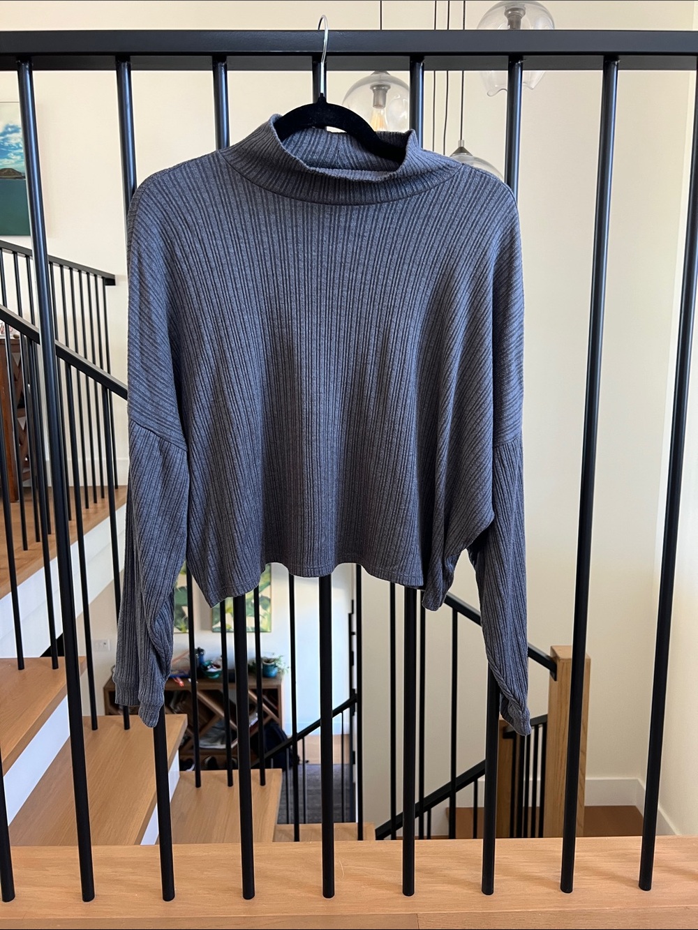 Lucky Jeans Ribbed Mock Neck Cropped Shirt - Charcoal Gray
